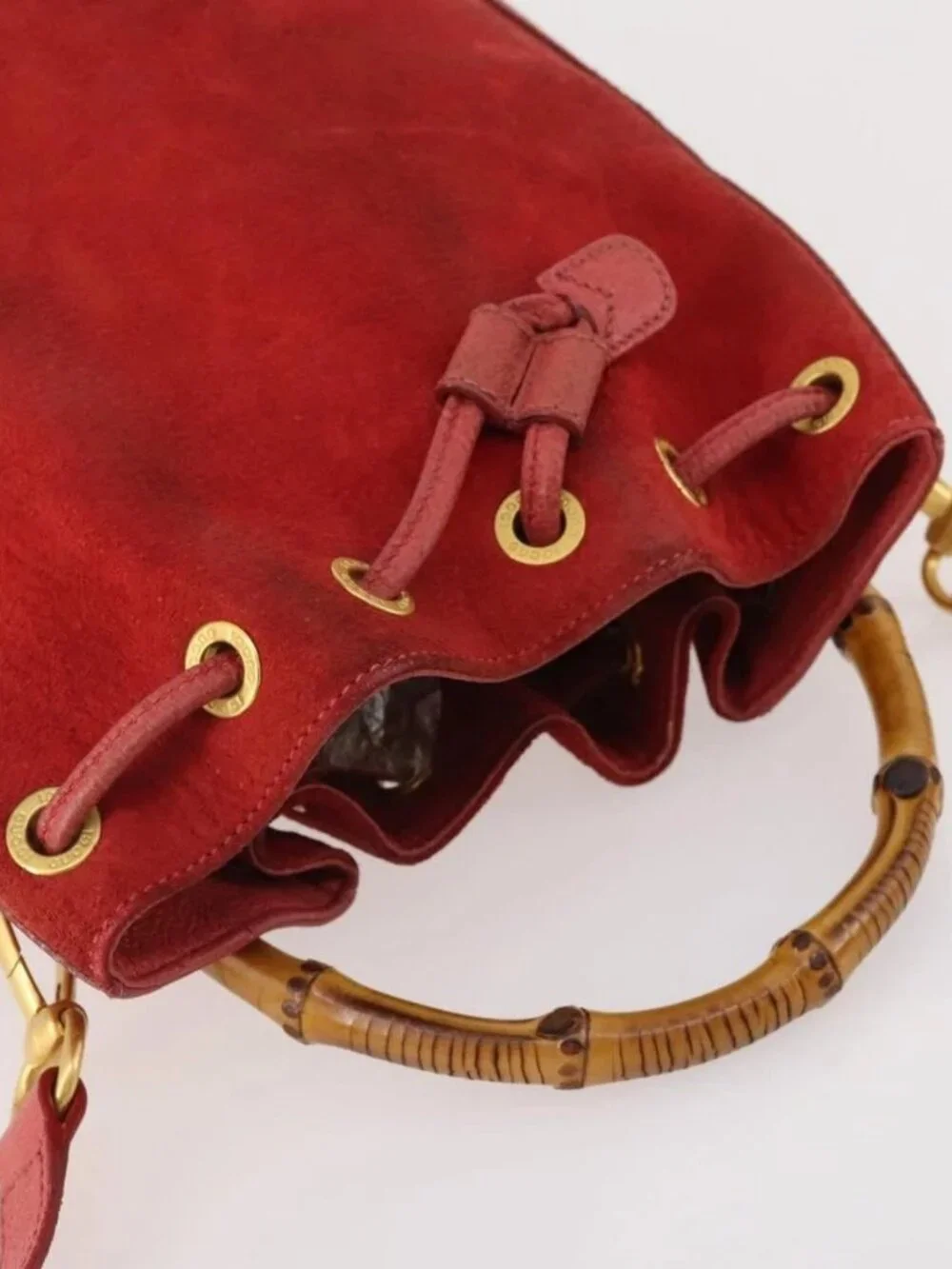 GUCCI Bamboo Shoulder Bag Suede 2way Red Gold 001 2865 1657 Auth INZ038